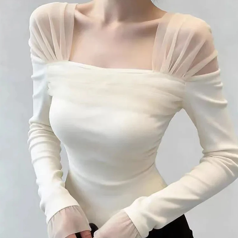 

Нежная сетчатая блузка с пэчворком, женская, белая, сексуальная, плиссированная, с длинным рукавом, весна-осень, приталенная, однотонная, в стиле преппи, корейская мода, топ