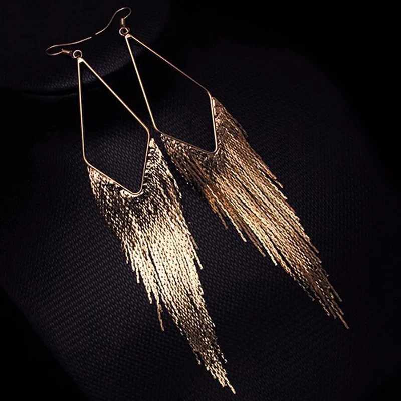 Gold Color Long Tassel Earrings Jewelry Vintage Metal Statement Fringe Earrings Charm Drop Dangle Big Earing for Women