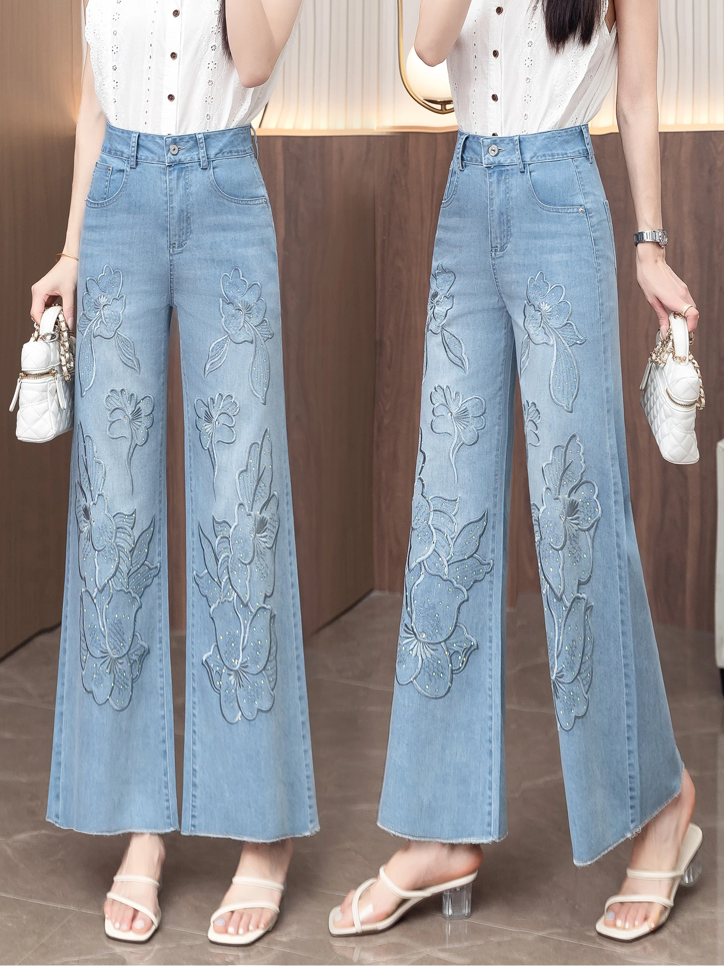 Embroidered Slim Wide Leg Jeans High Waist Summer Thin New Style Small Size Women's Straight Cut Slim Nine Point Jeans