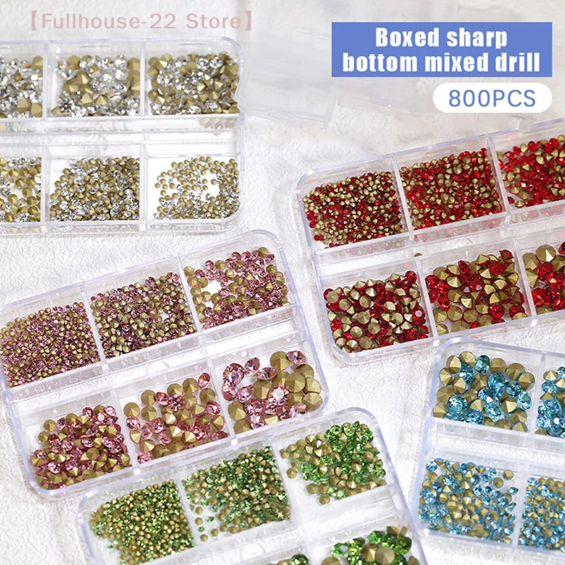 【MAX-22】6 Gitter mit gemischten, spitz zulaufenden Strasssteinen für Nagelkunst, 3D-farbige, glänzende Kristallsteine, geeignet für DIY-Nagelkunstbedarf