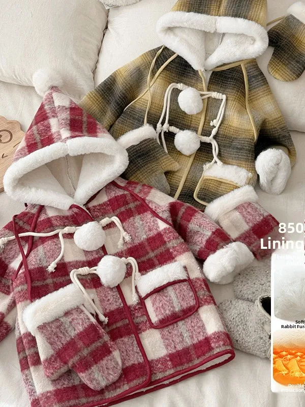 

Thiened Cotton Jaet for Girls Winter Faion Korean Sle Plaid Hat Children's Warm Fluffy Coat Sweet Sle Long Sve