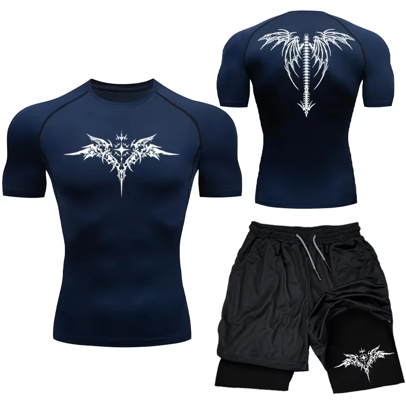 New Men's MMA Compression Athletic Set - Quick-Dry Gym Shorts + Running Workout Tight Rashguard 2-Piece Set RL0513 view 6