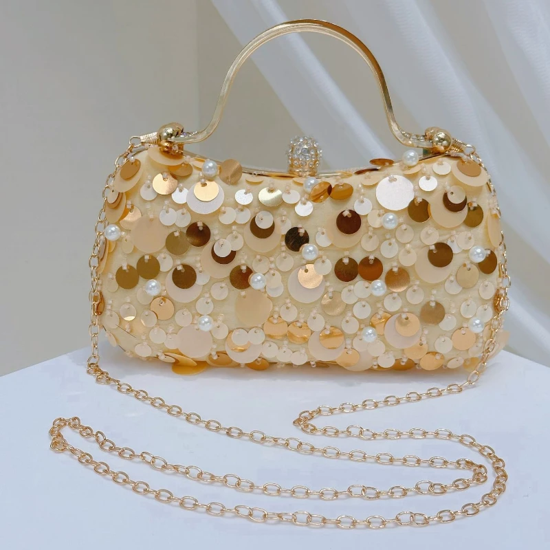 Women Gold Sequins Evening Bag Luxury Metal Handle Beading Handbag Formal Party Clutch Purse Removable Chain Bolsos Para Mujer