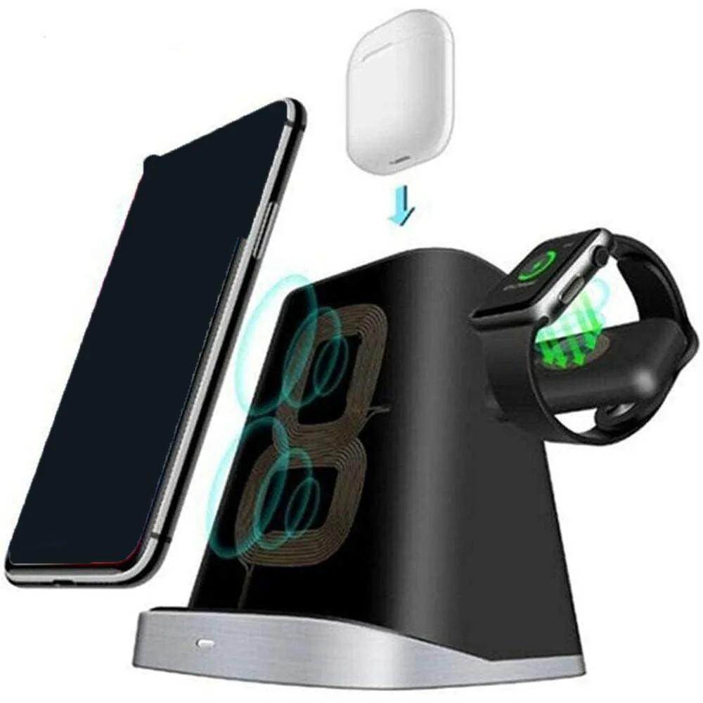 

Беспроводное зарядное устройство, док-станция, многофункциональная подставка «три в одном», зарядный кабель постоянного тока 5 В/2 А, совместимый с iWatch Airpods X XS Samsung S10