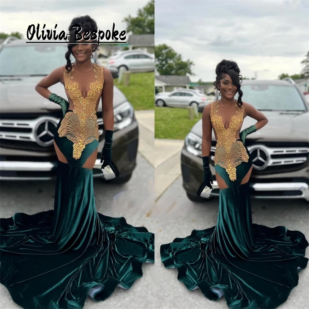 Exquisite Dark Green Birthday Prom Dresses Gold Beaded Rhinestones With Gloves Black Girls vestidos de fiestas elegantes mujer