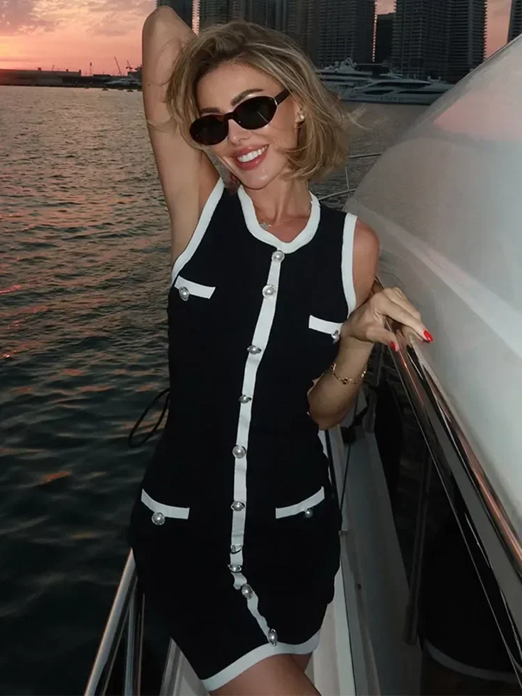 Women Sexy Black Knit Short Pants Suit Elegant Sleeveless Double Pockets Single Breasted Buckle Top 2-piece Set 2025 New Outfits