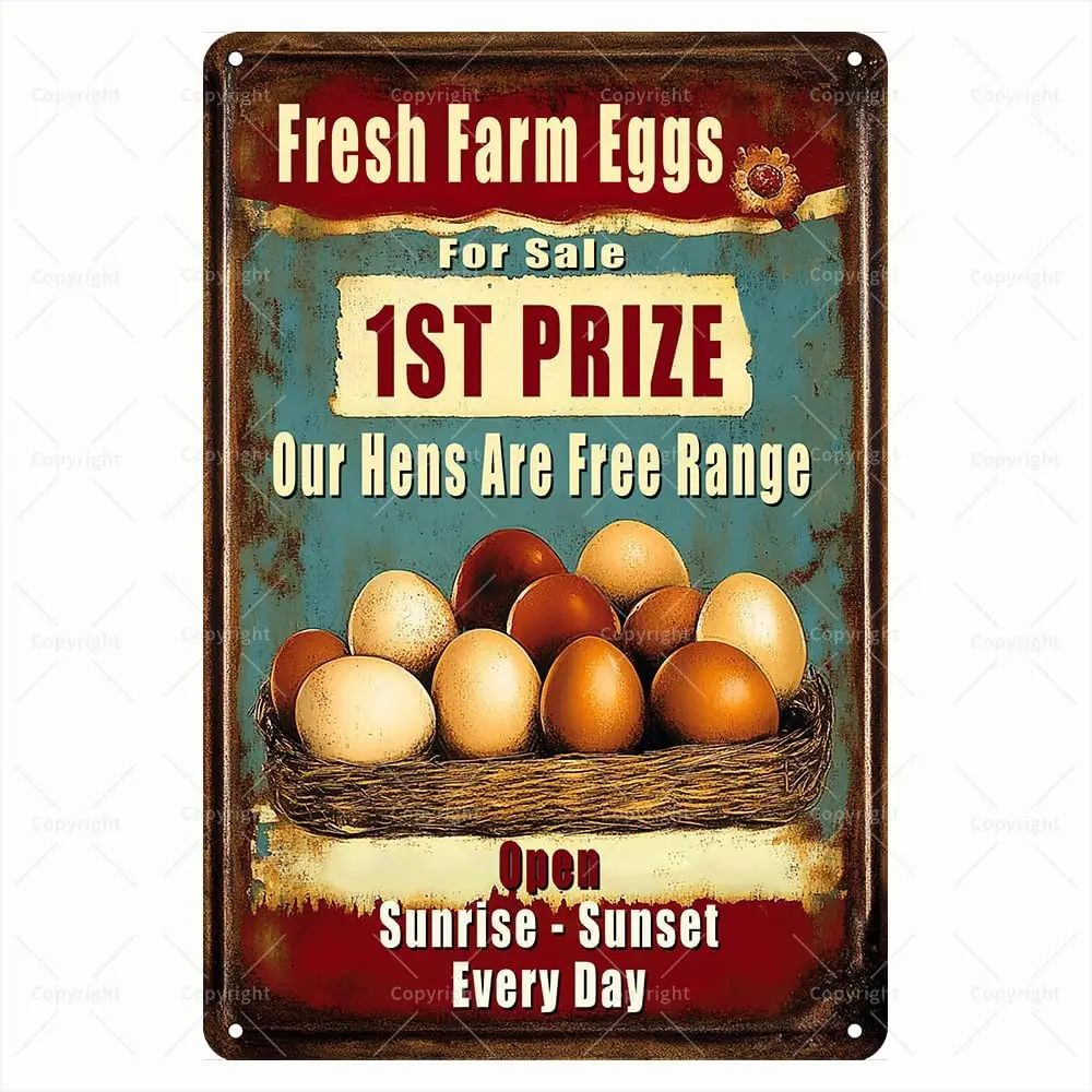 Vintage Tin Sign - Fresh Farm Eggs For Sale 1st Prize Free Range Eggs with Chickens Retro Metal Sign - Inspirational Tin Sign fo