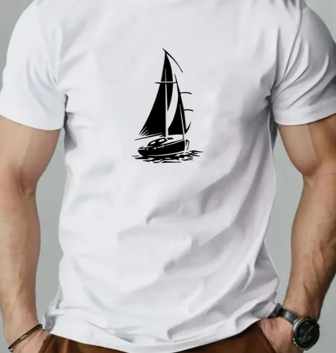 Men Casual Sailboat Graphic Summer T-Shirt Breathable Round Neck Short Sleeve Tee for Beach Outdoor Casual Attire