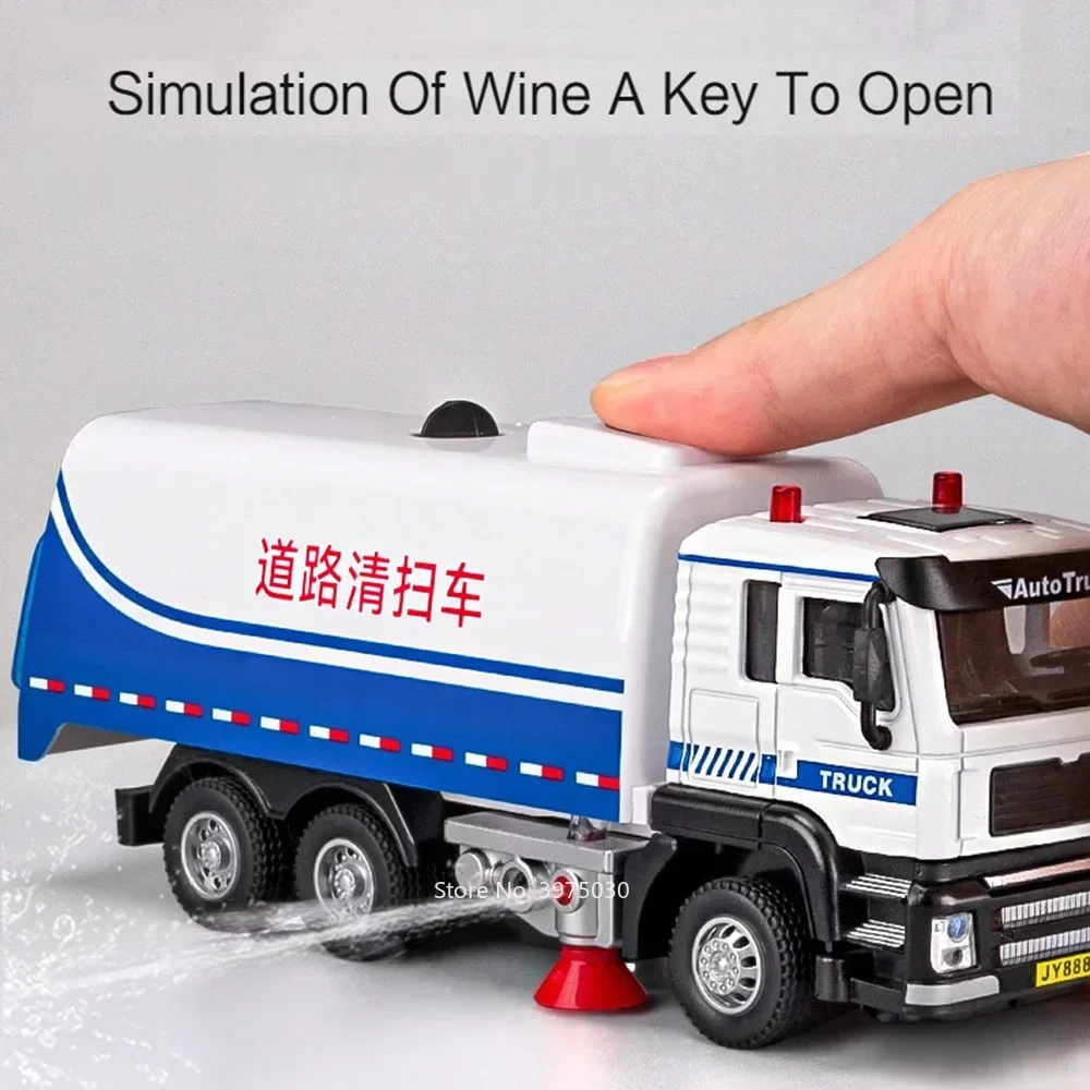 Alloy Diecast Road Sweeper Model Car Toys with Light Music Sanitation Sweeping Truck Wheel Pull Back Vehicle Kids Xmas Gifts