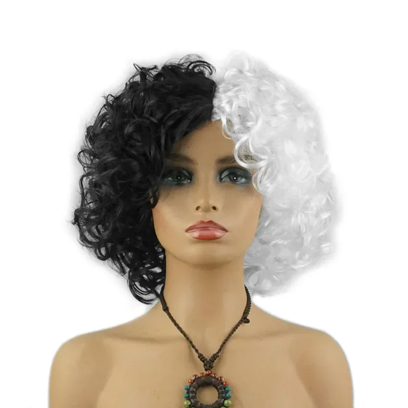 Cruella Deville Cosplay Costume Anime Black and White Witch Cloak Spotted Dog Leopard Print Scarf Wig Gloves Accessories Cos