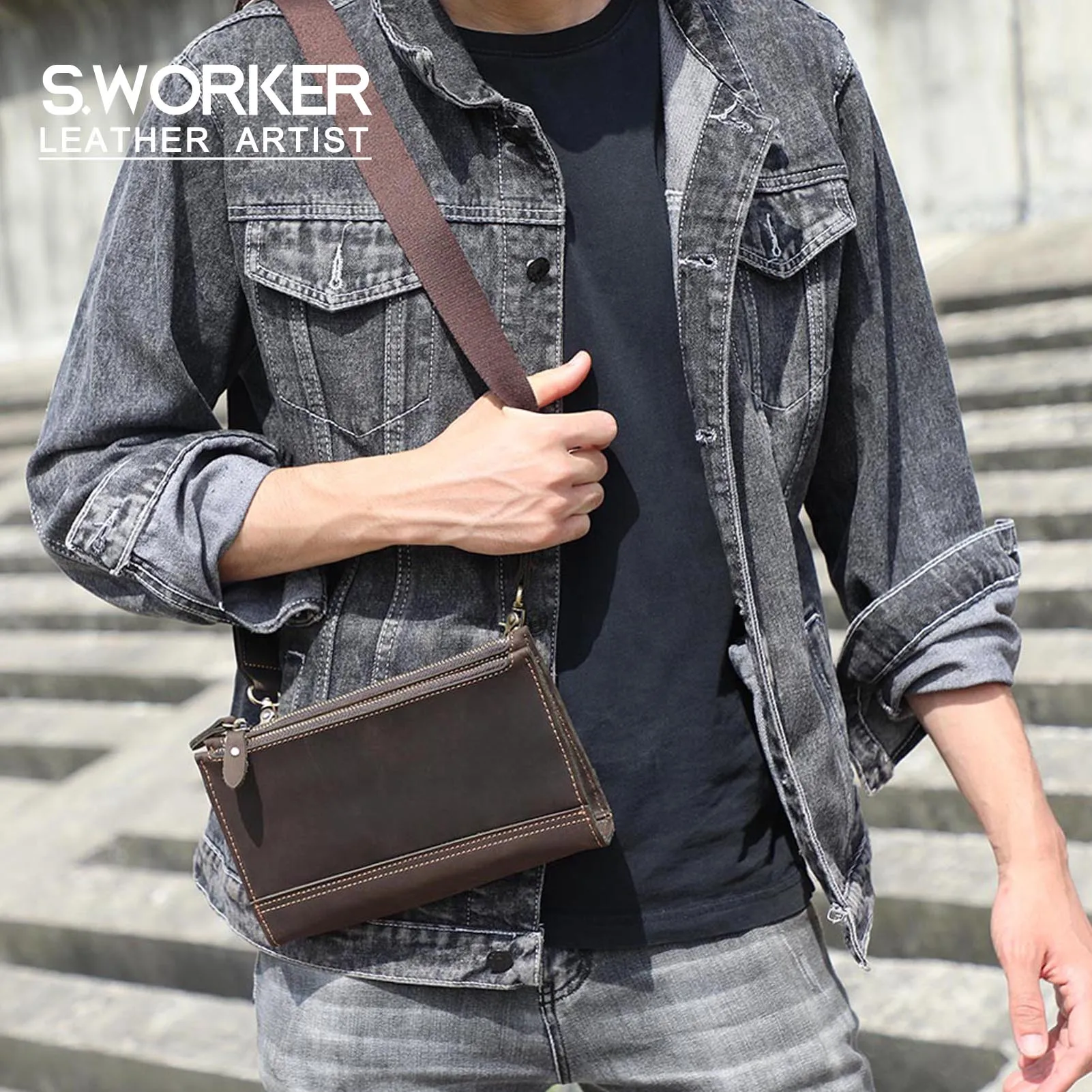 Echte Leder-Umhängetasche für Herren, Clutch-Tasche, Vintage Crazy Horse Crossbody-Taschen für Männer, Mini-Multifunktions-Geldbörse – Detail 2