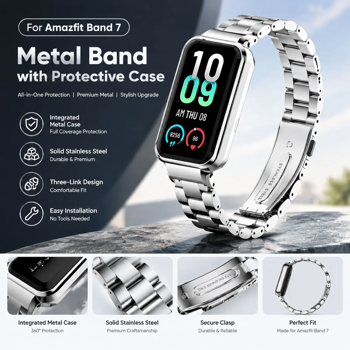 Metal Replacement Strap for Amazfit Band 7, Solid Stainless Steel, Three-Bead Metal Strap, Suitable for Amazfit Band 7