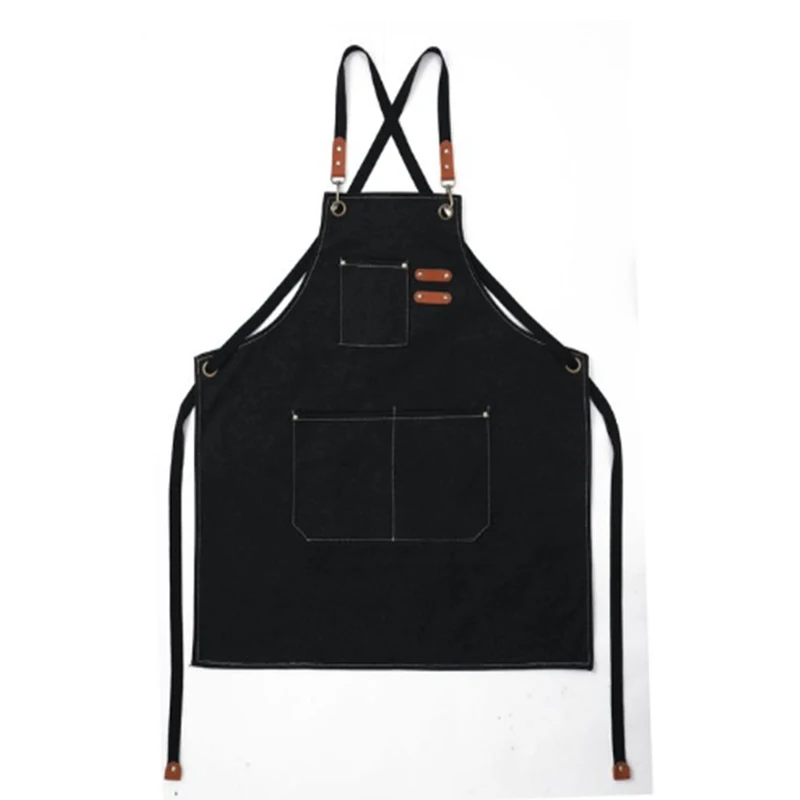 Unisex Canvas Bib Leather Chef Kitchen Apron Barista Bartender Pockets Apron Home Barber Coffee Restaurant Garden Pinafore