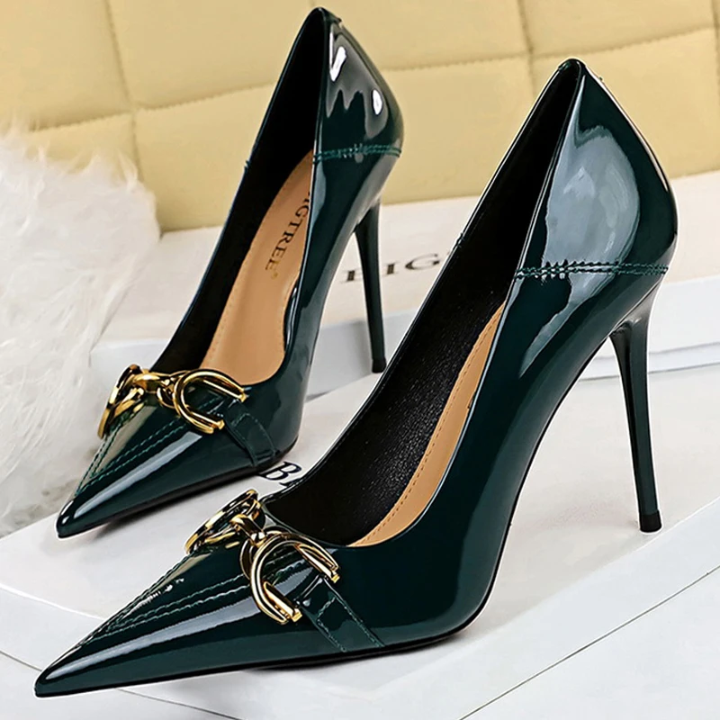 الفاخرة النساء مضخات حزام معدني مشبك عالية الكعب براءات الاختراع والجلود النساء الكعوب الخناجر الوظيفي OL مكتب الأحذية حجم كبير 41 42 43 #6