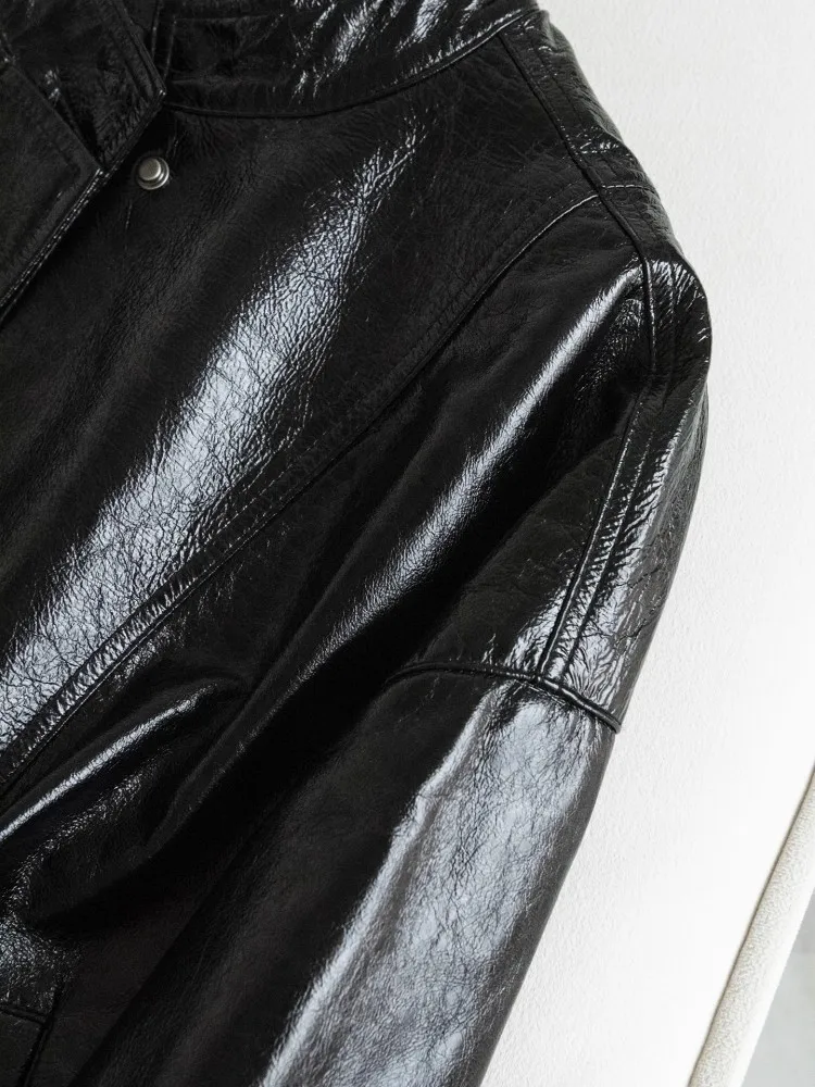 Autumn Winter Oil Wax Cowhide Women Jacket Genuine Leather Black Coat Fashion Casual Stand Collar Jackets Office Lady Outerwear