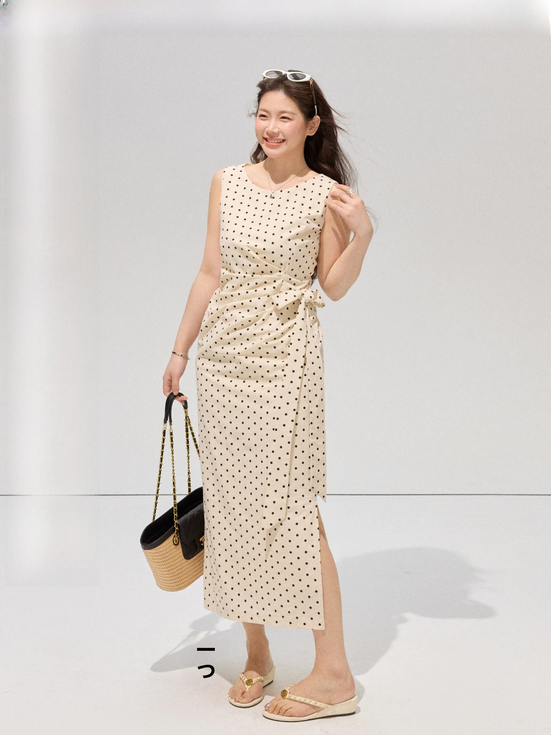 

Large Size Polka Dot Effect Pleated Slimming Split Dress for Plump Women Commute Style Vintage Cotton Linen A-Line Skirt