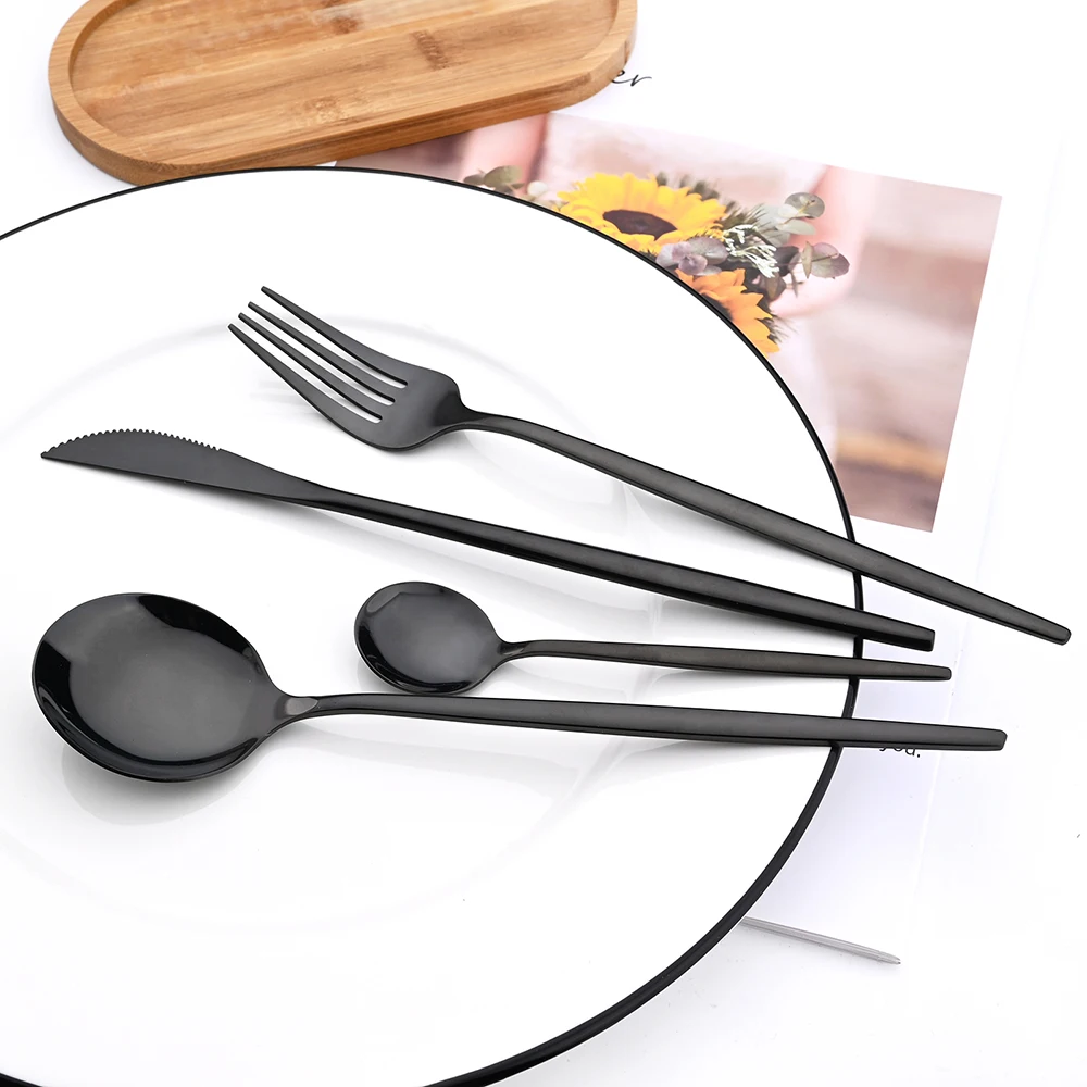 Drmfiy Black Mirror Dinnerware Set Stainless Steel Cutlery Set Fork Knife Soup Dessert Ice Spoon Complete Dinner Western Flatwar