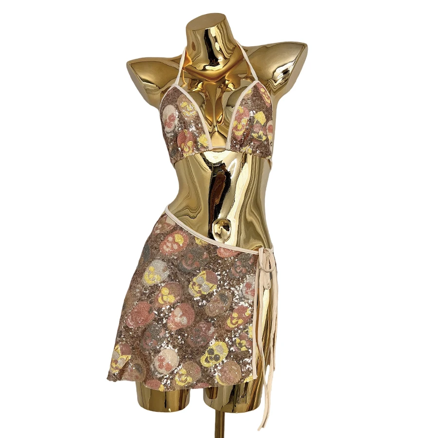 

sequins skull style mini tie skirt and bikini top for club clothing EDC dress gold color