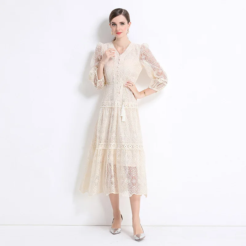 Ele Lace V-ne Lantern Sve Dr Afslankrok met enkele knop voor dames, lang Dr Summer Thiened Windbreaker Sle