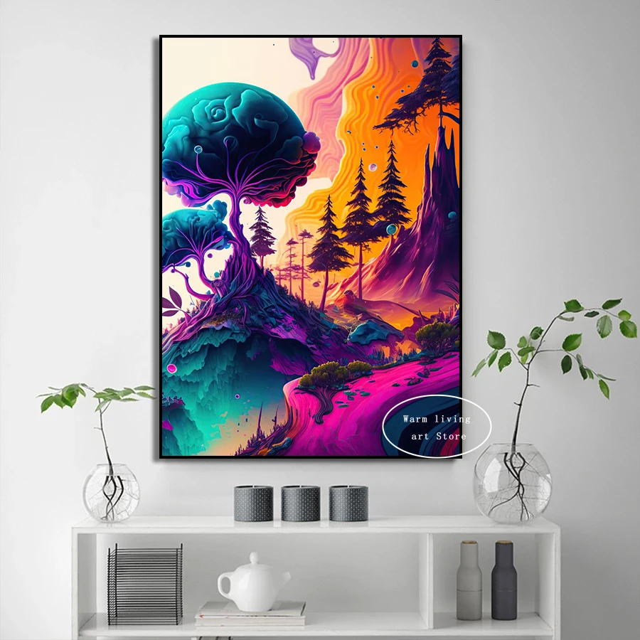 Neon Colorful Cosmic Psychedelic Character Metamorphosis Poster Aesthetic Mushroom Nature Canvas Print Wall Art Home Room Decor