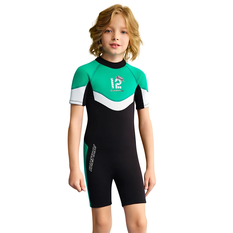 Shorty Wetsuit for Boys 2.5mm Neoprene Surfing Diving Suit Kids Scuba Thermal Swimsuit Green Bathing Suits Shorts