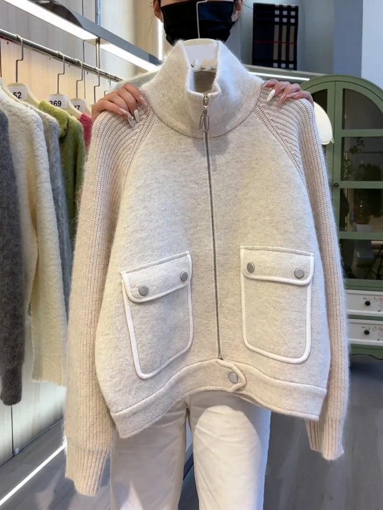 Ladies plus Size High Collar Knitted Sweater Coat Double Pocket Lazy Style Warm Autumn New Arrival Fashion Ladies Knitwear