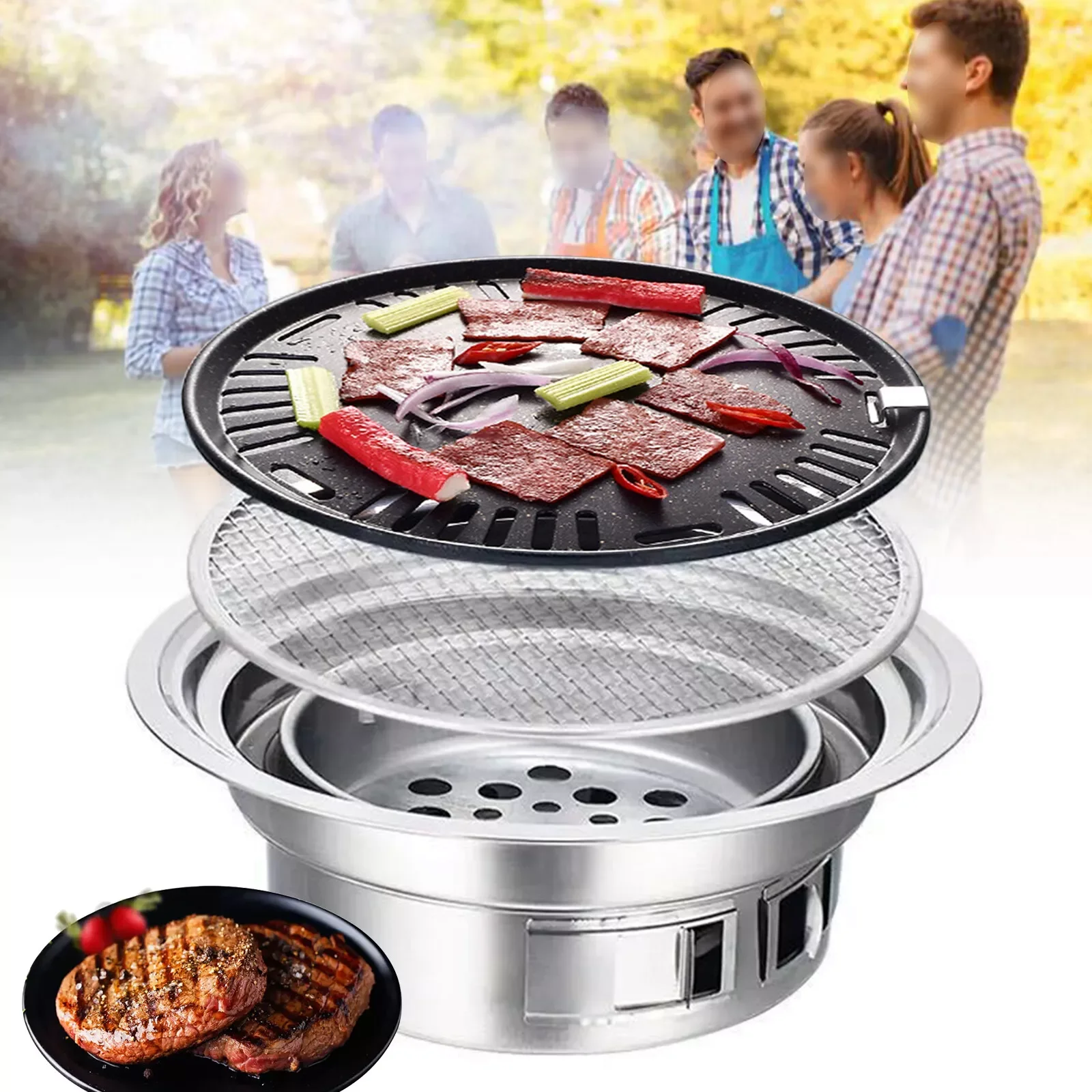 Japanese / Korean Style Stainless Hibachi BBQ Picnic Table Grill Barbecue Stove Cooker Charcoal Portable Camping BBQ Grill