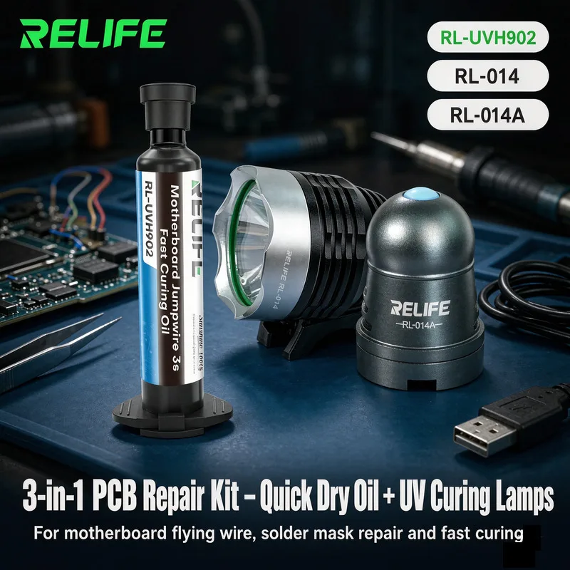 RELIFE 3S Fast Drying Solder Resist Oil RL-UVH902 10ML UV LED Green Oil Curing Lamp RL014 for Fast PCB Mainboard Repair Tool Kit
