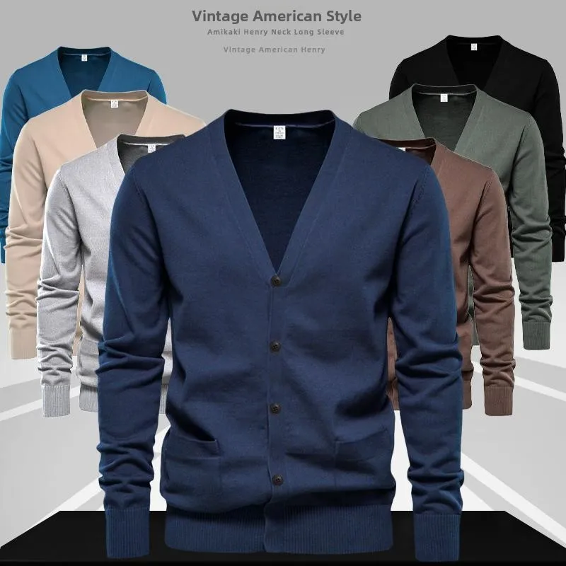 

Retro Loose Fit Men's Open Cardigan Sweater Thin American Casual Outerwear Pure Color Knitted irt Trendy Ci Walk Outer Layer