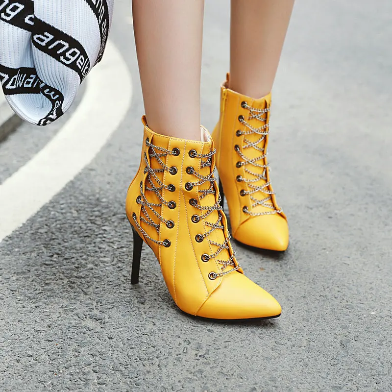 Women Ankle Boots 2024 Autumn Winter Stiletto Booties Cross Chain Decorate Thin High Heels PU Leather Size 34-50 Fashion Pumps