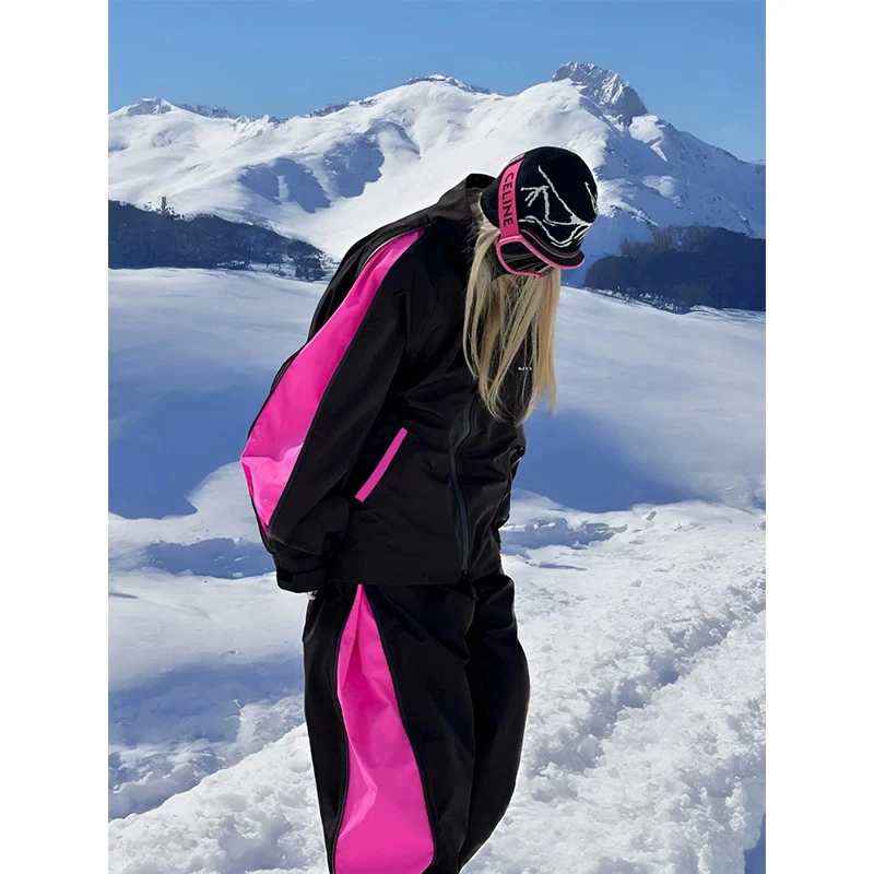 Rose-red Ski Suit Set for Women Winter Windproof Waterproof Men Snowboarding Clothing 보드복