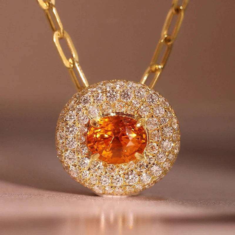 Huitan Luxurious Oval Orange Red CZ Pendant Necklace Women for Wedding Full Sparkling CZ Paperclip Chain Statement Jewelry Gift