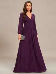 Elegantes Abendkleid, Maxi, langer V-Ausschnitt mit langen Ärmeln, hoher Taille, 2024, immer hübsches, glitzerndes, glänzendes lila Brautjungfernkleid