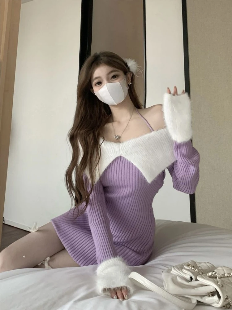 Women Elegant Off Shoulder Knit Mini Dress Fall Winter Slim Fit Hip Hug Pure Style Long Sleeve Inner Wear
