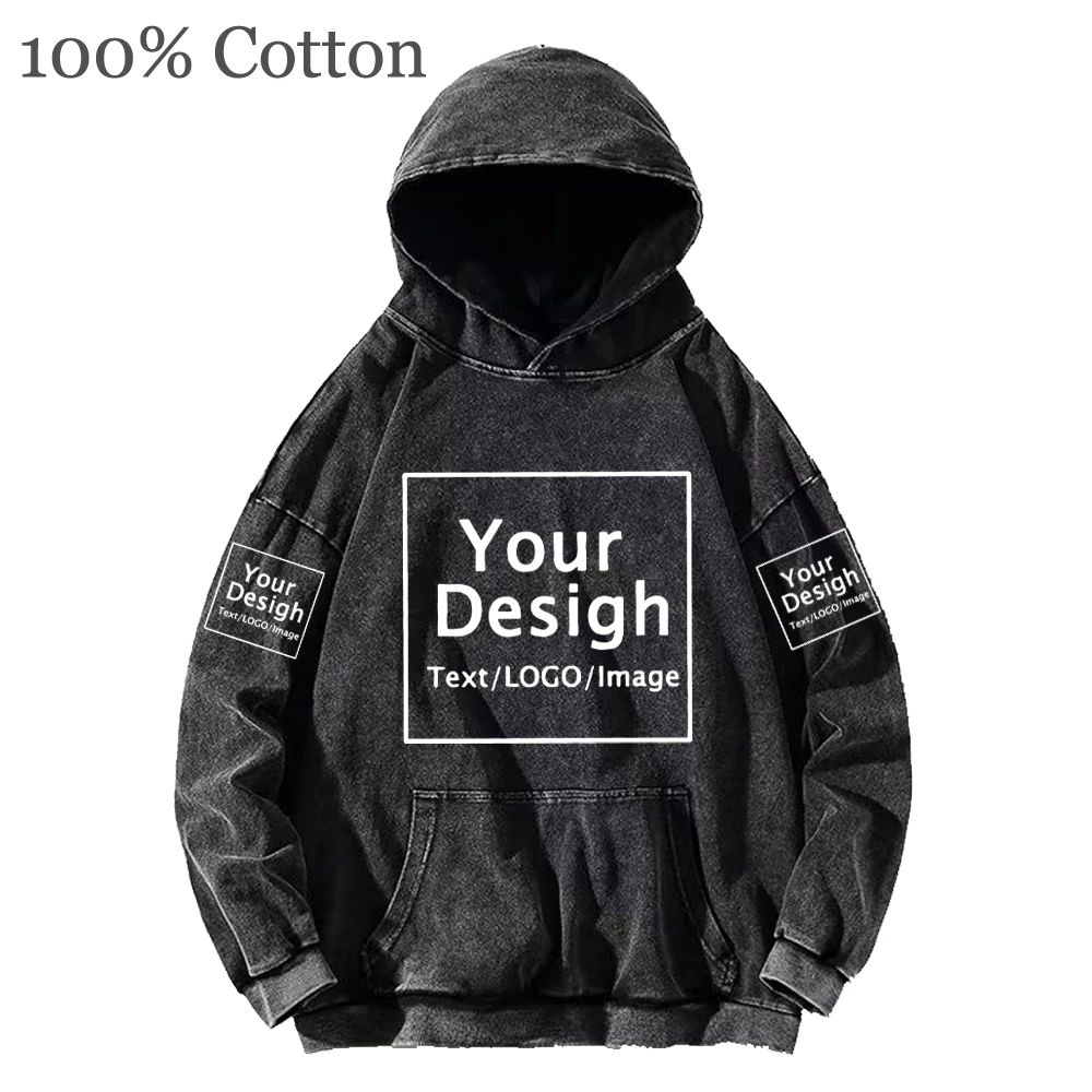 Men\'s Custom Print Clothing Your OWN Logo DIY Vintage Acid Wash Cotton Hoodies Oversized Hip Hop Sweatshirts Casual Y2K Clothes