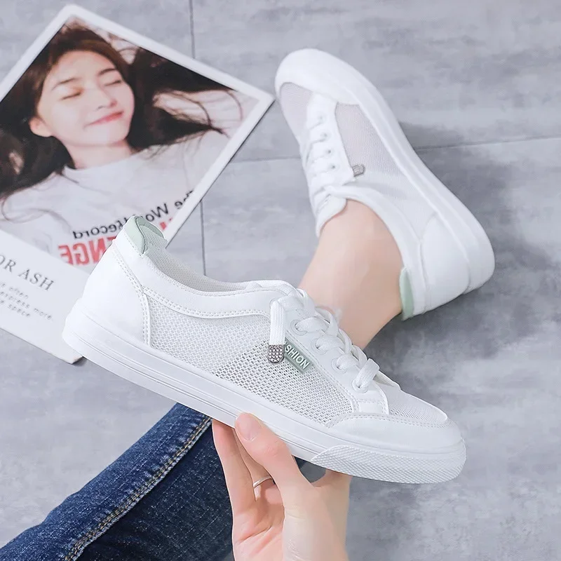 Women\'s Vulcanize Shoes Casual Sneakers Spring Summer Breathable Flats Solid Color Mesh Shoes Fashion White Shoes Flat Sneakers