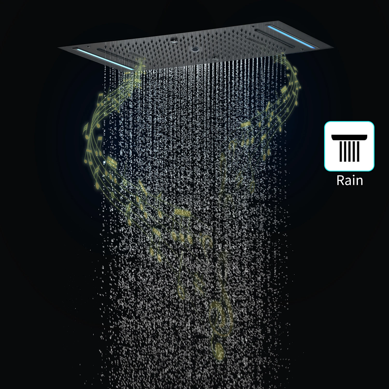 Qlonn Thermostatic Black Shower System Embedded Ceiling Music LED Shower Head Bathroom Faucets 4 Functions Concealed Mixer Tap