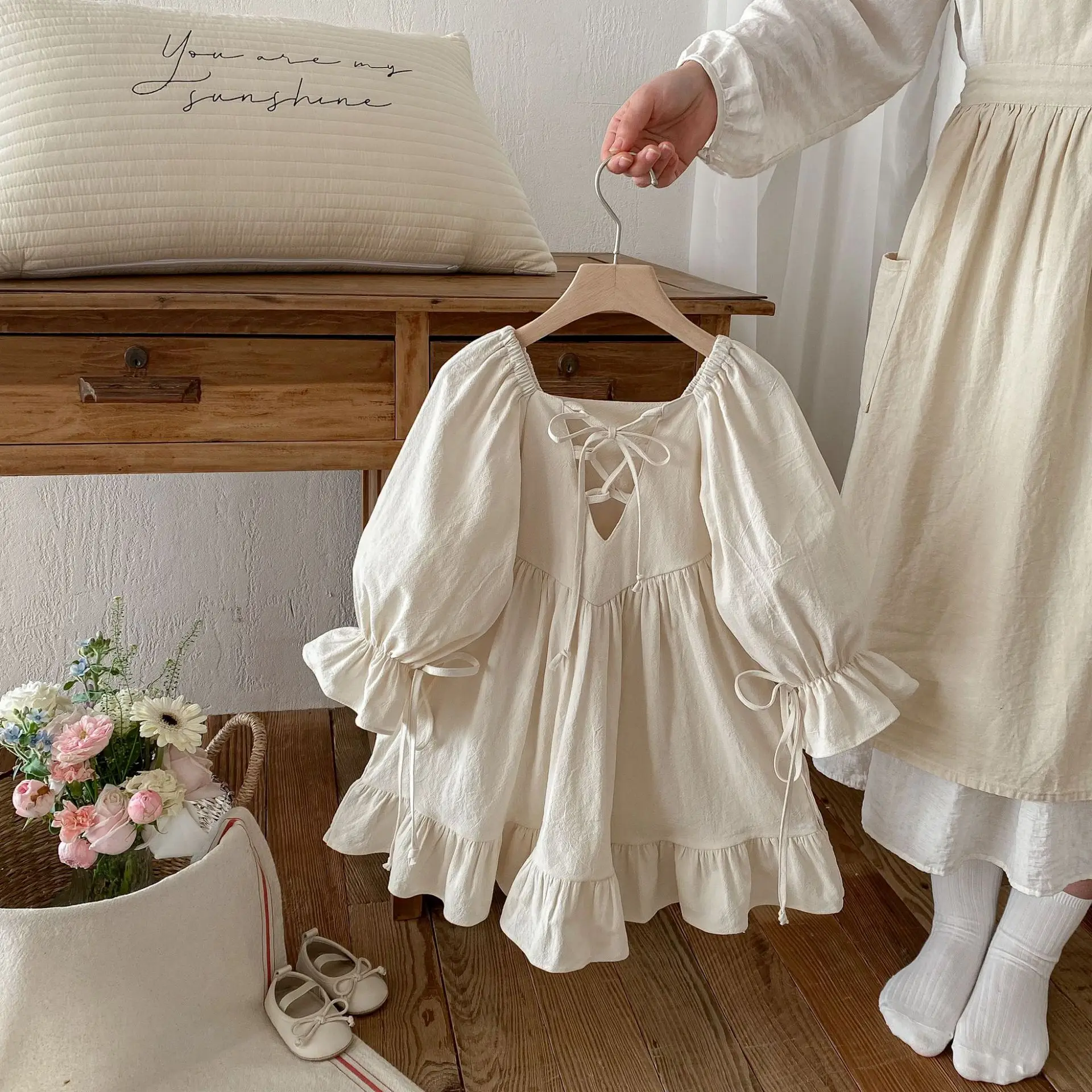 2026 New Spring and Autumn Girls' Bow Backless Dress European and American Princess Lolita Ruffle Edge Dress