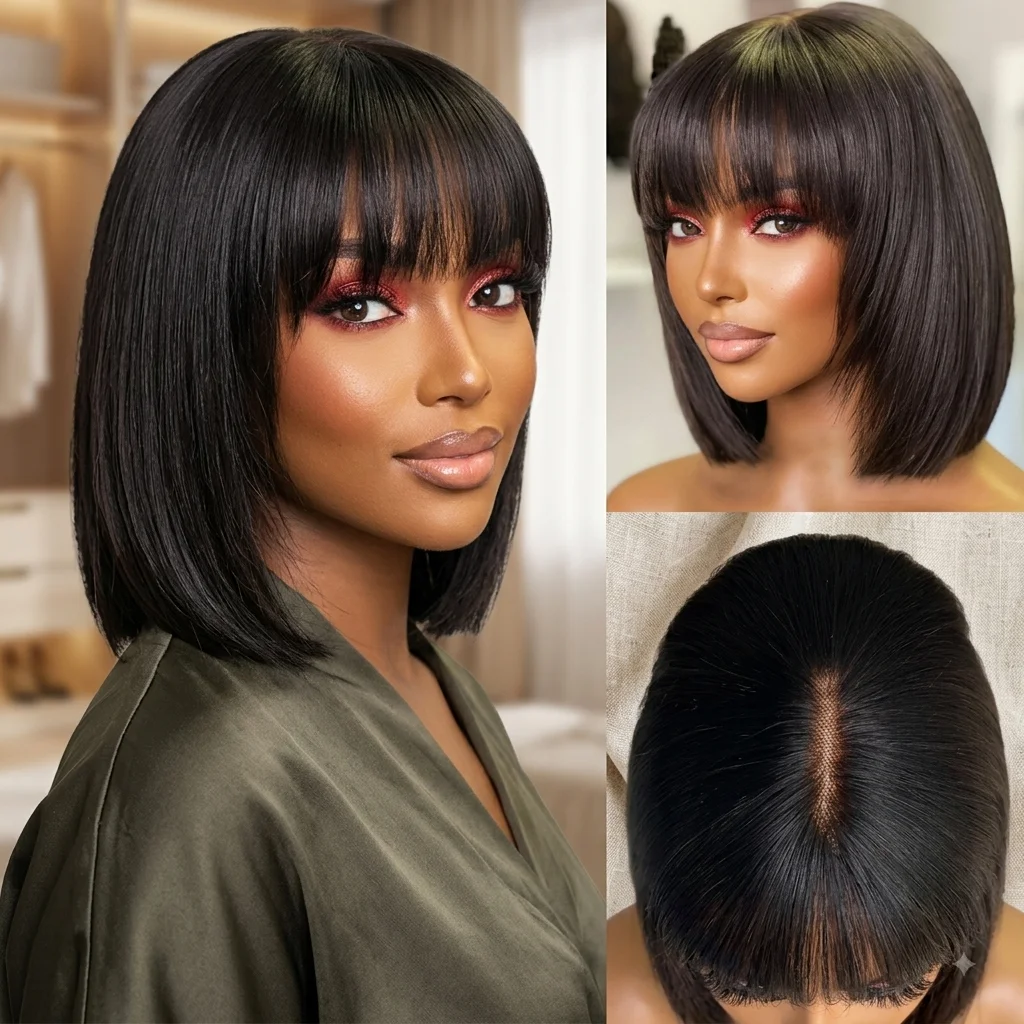 250 Density Straight Bob Wig With Bangs Machine Made Wig Natural Color Human Hair Wigs Short Bob Fringe Wigs For Women