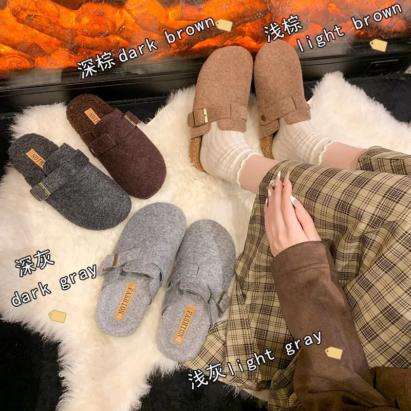 2025 المرأة الشتاء البغل النعال موضة ورأى الجلد المدبوغ الصوف نعال من القطن مع مشبك قابل للتعديل سيدة منزل نعال مسطحة