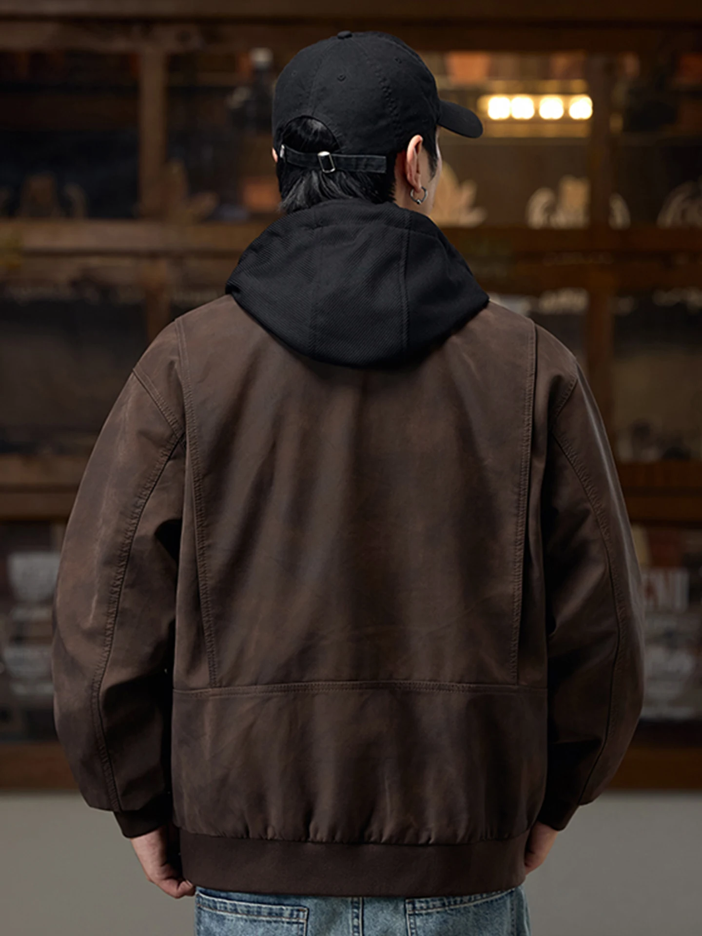 American Retro PU Leather Jaet Men's Hooded Coat Sli Casual High Glossin Autumn Winter New Arrival Fake Two-Piece Ja...