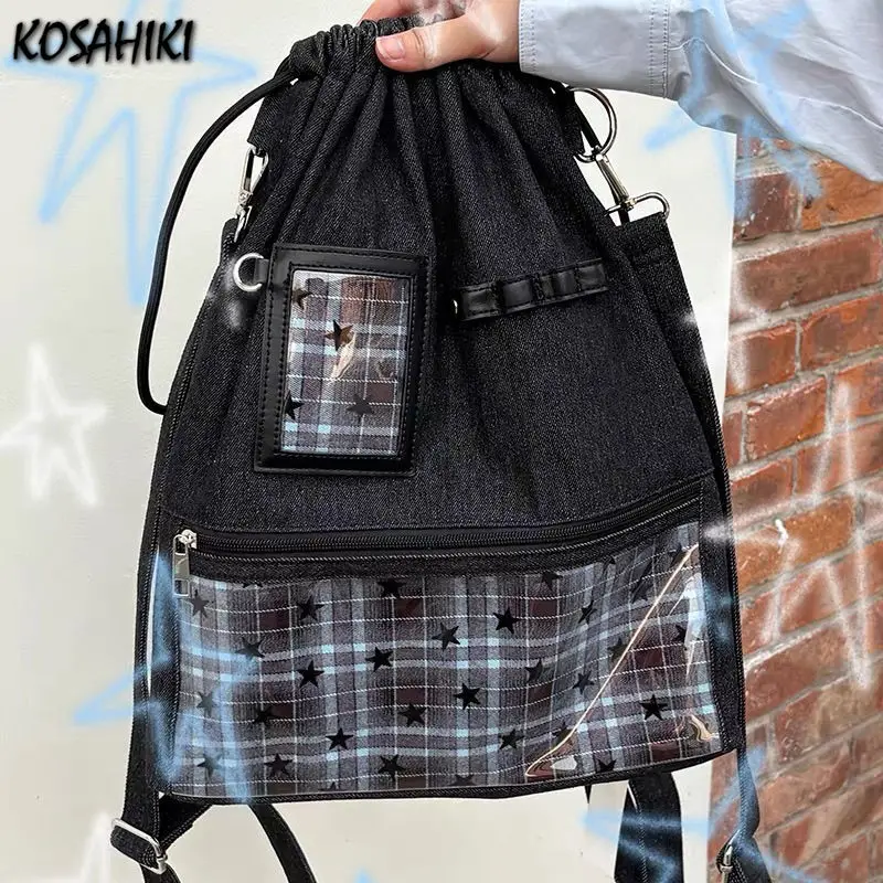 

Star Denim Pleated Drawstring Ita Bags Vintage Y2k Contrast Color Plaid Shoulder Crossbody Bag 2025 Women Transparent Backpacks