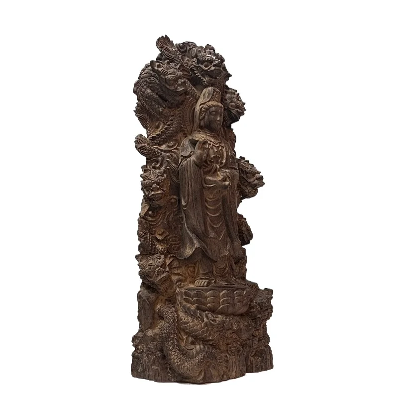 Hand-Carved Premium Wood Nine-Dragon Guan Yin Buddha Statue - 7.5