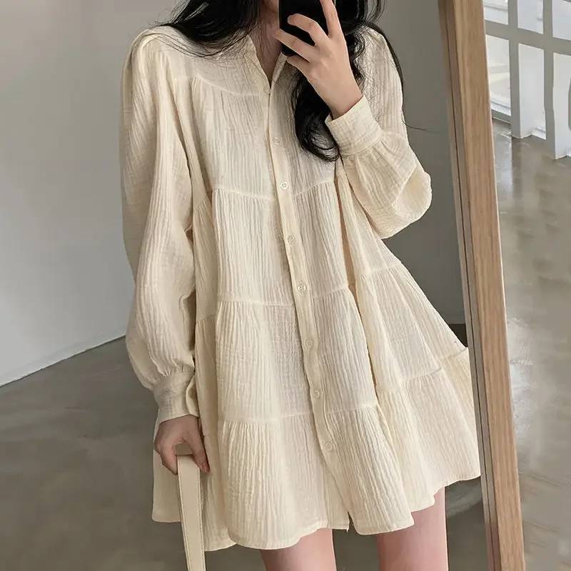 Chic Korean Shirt Dress Women Pleated Loose Single-Breasted Bubble Sleeve Casual Blouse Long-Sleeved Cotton Linen School Dress