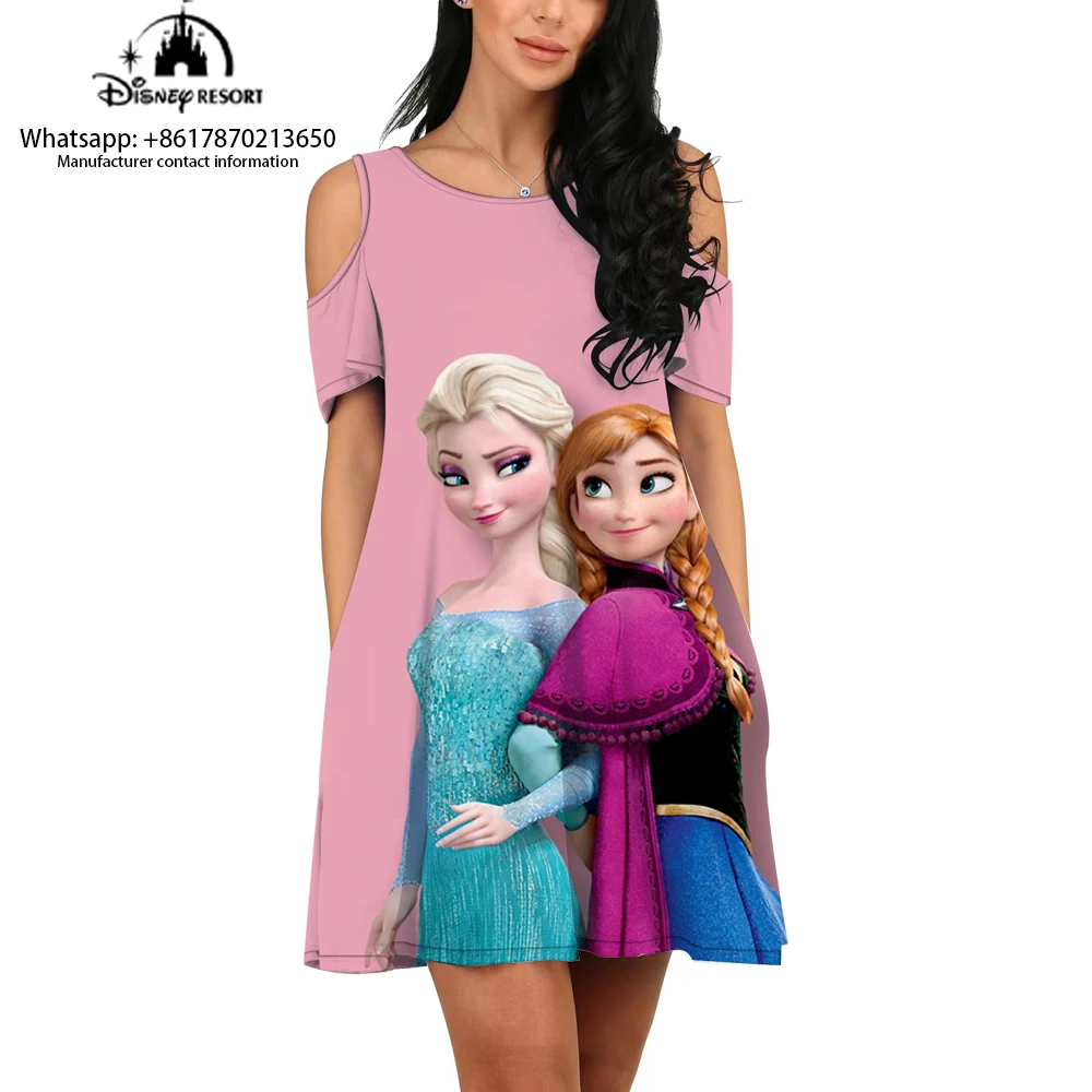 Comfortable Off-Shoulder Dress Anime Cartoon Pattern 3D Printed Dress Women's Summer New Casual Frozen Cartoon Print Dress