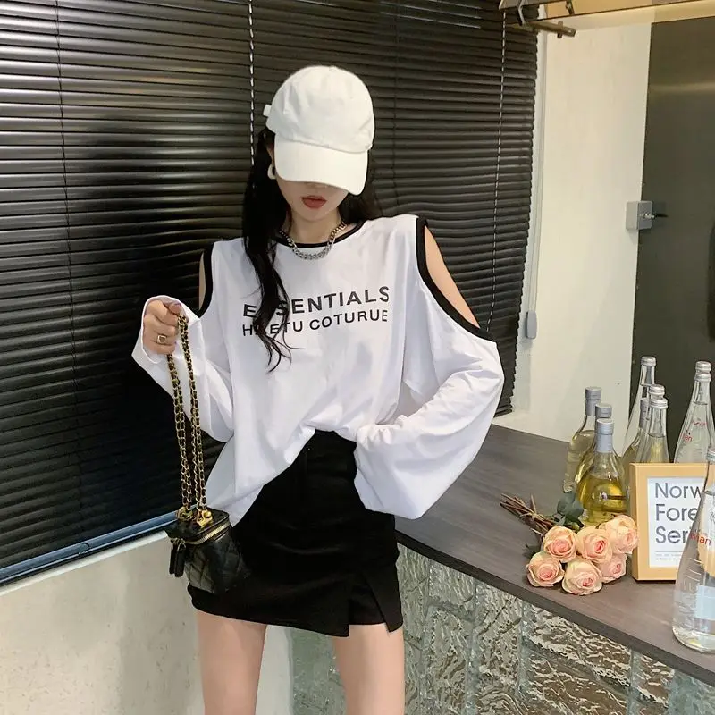 Summer New Plus Size Off Shoulder Thin T Shirts Solid Long Sleeve Letter Printing Loose Fashion Tops Trend Casual Women Clothing