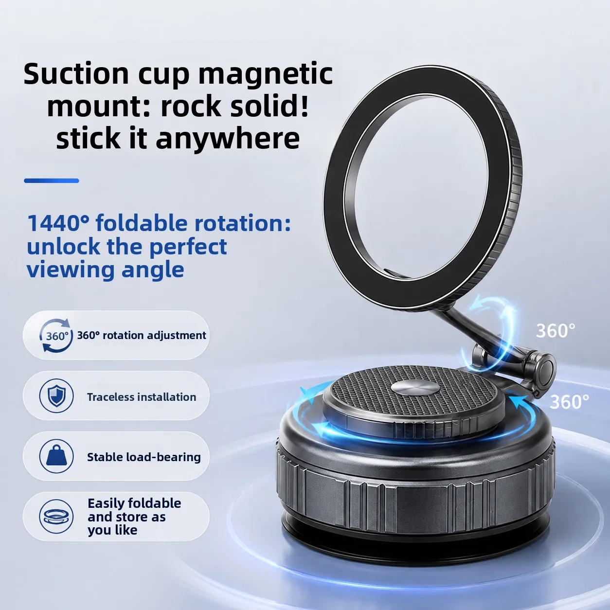 Magnetic Vacuum Suction Car Phone Holder Foldable 360° Adjustable Dashboard Mount for Smartphone