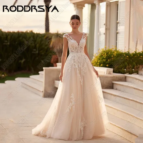 RODDRSYA-vestidos de novia con cuello en V y mangas casquillo, apliques de encaje, línea A, vestidos de novia Civil, vestidos de novia con lentejuelas personalizados, 2025Roddsya capucha manga V cuello vestido de novia