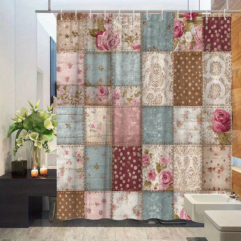 1pc Patchwork Quilt Bath Curtain Vintage Shower Curtain with Floral Polka Dot Squares Muted Pink Teal Cream Brown Colors Embroid