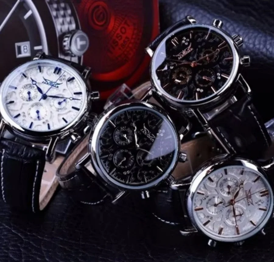 JARAGAR 348 ساعات آلية أوتوماتيكية للرجال موضة أنيقة حزام من الجلد الطبيعي ساعة عمل فاخرة ساعة معصم للرجال